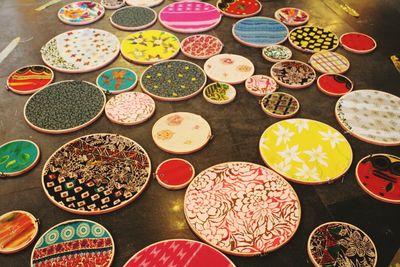 High angle view of multi colored candies for sale at market