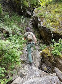 Woman standing by river in forest