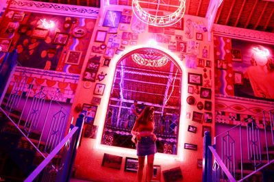 High angle view of illuminated staircase at night