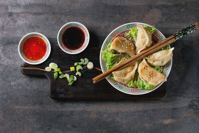 High angle view of various food on table