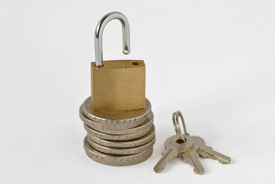 Close-up of padlocks against white background