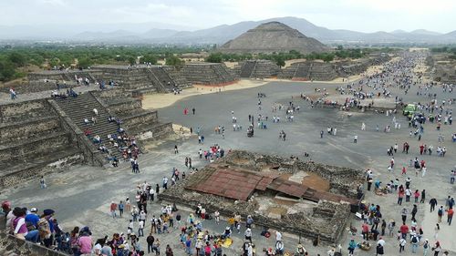 High angle view of people at town square