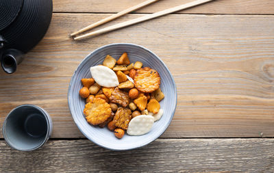 High angle view of breakfast on table