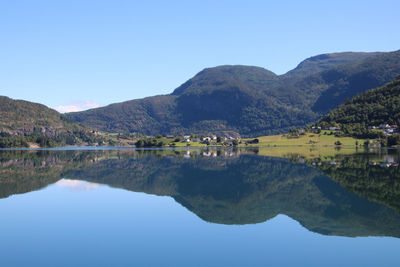 Scenic view of lake and mountains against clear sky