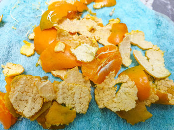 High angle view of orange in plate on table