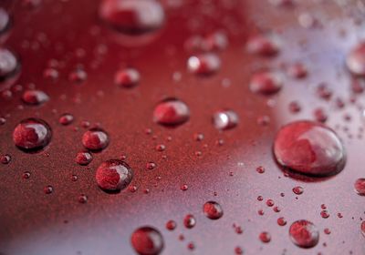 Close-up of water drops on metal surface