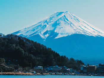 Scenic view of snowcapped mountains against clear sky