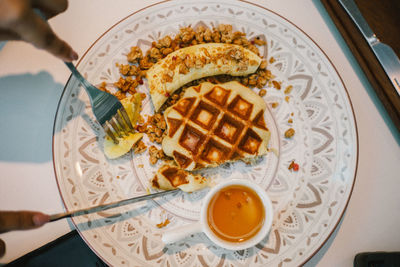 High angle view of meal served on table