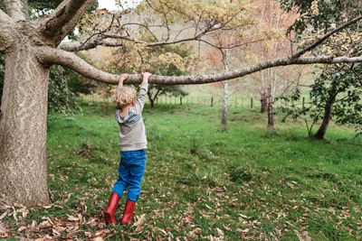 Full length of boy standing on tree trunk