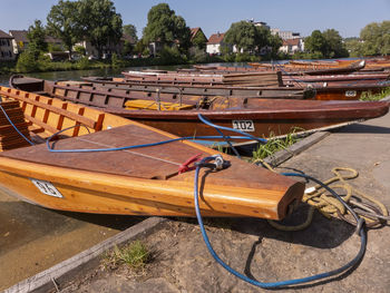 High angle view of boats moored on land against sky