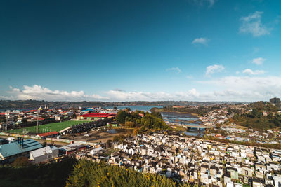 Birdseye view of the town of castro by the sea on chiloe