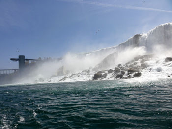 Water splashing in sea against clear sky