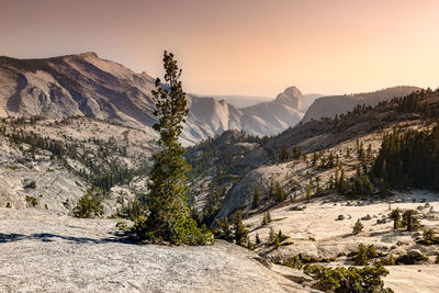 Scenic view of mountains against sky during sunset