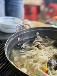 Close-up of soup in bowl on table