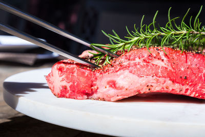 Close-up of a wagyu steak with a meat fork