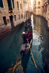 High angle view of canal at night