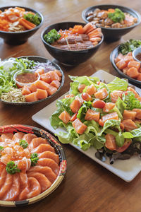 High angle view of food served on table