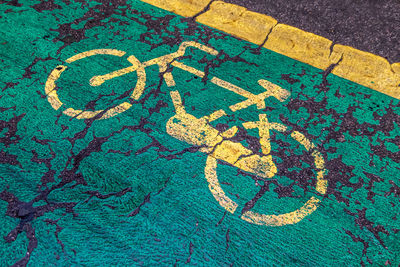 Close-up of bicycle symbol on road