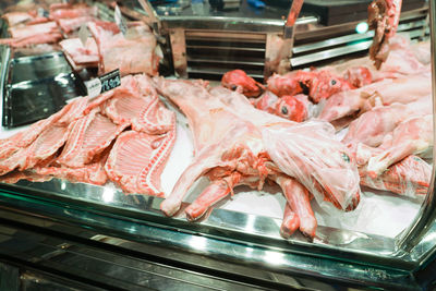 Lamb carcass on butcher counter, mercado central, central market, alicante, spain.