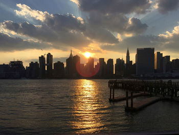 Manhattan skyline by east river during sunset