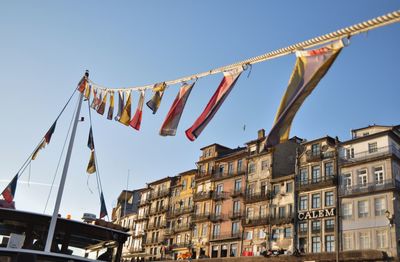 Low angle view of clothes drying against clear sky