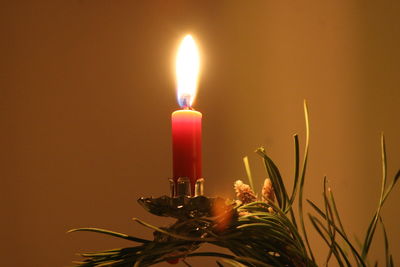 Close-up of illuminated candle on christmas tree