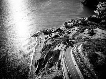 High angle view of road by sea