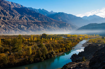 Scenic view of lake and mountains against sky