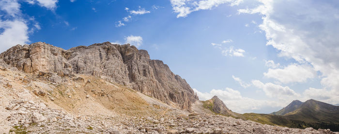 Low angle view of rocky mountains against sky