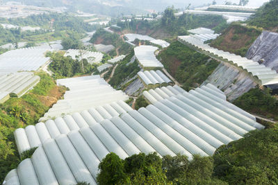 High angle view of roofs over field