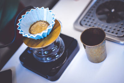 High angle view of coffee on table