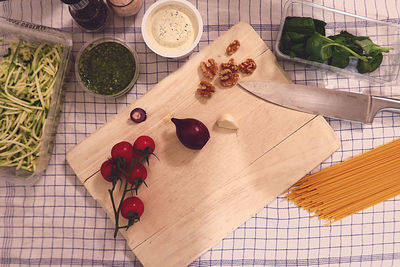 High angle view of vegetables on cutting board