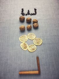 High angle view of coins