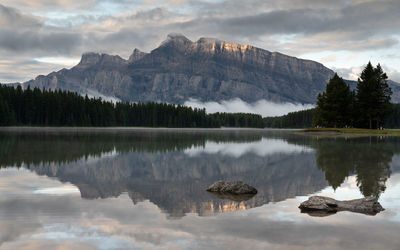 Scenic view of lake and mountains against sky