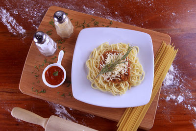 High angle view of food served on table