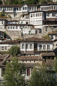 High angle view of residential buildings in city