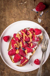 High angle view of breakfast served on table