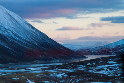 Scenic view of snow covered mountains against sky