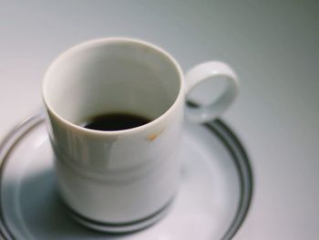 High angle view of coffee cup on table