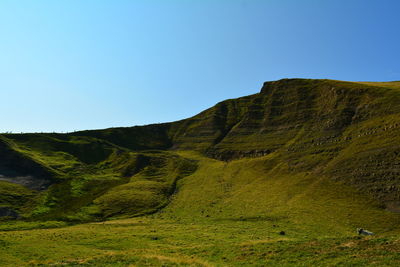 Scenic view of mountains against clear blue sky
