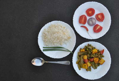 High angle view of breakfast served on table