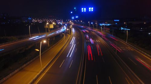 Light trails on road at night
