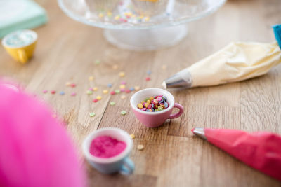 High angle view of ice cream in bowl on table