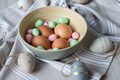 High angle view of eggs in bowl