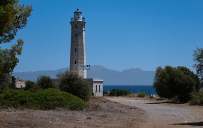 Gythio lighthose, lighthouse by sea against clear sky
