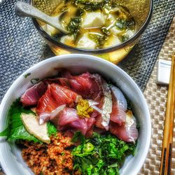 High angle view of salad in bowl on table