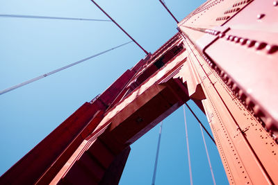 Low angle view of suspension bridge against clear blue sky