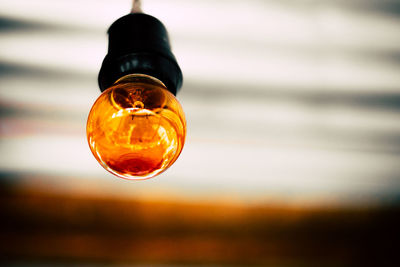 Close-up of light bulb hanging in room
