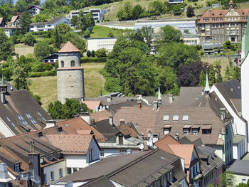 High angle view of buildings in town