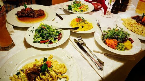 High angle view of food served in plate on table